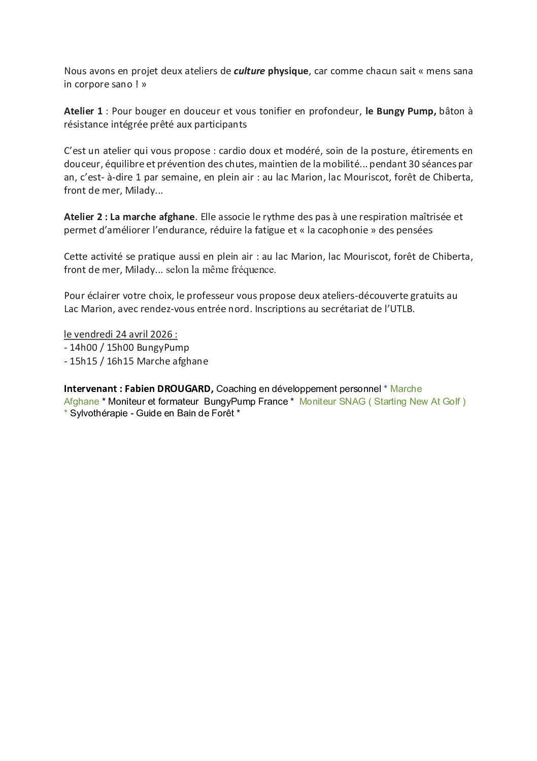 ateliers de culture physique