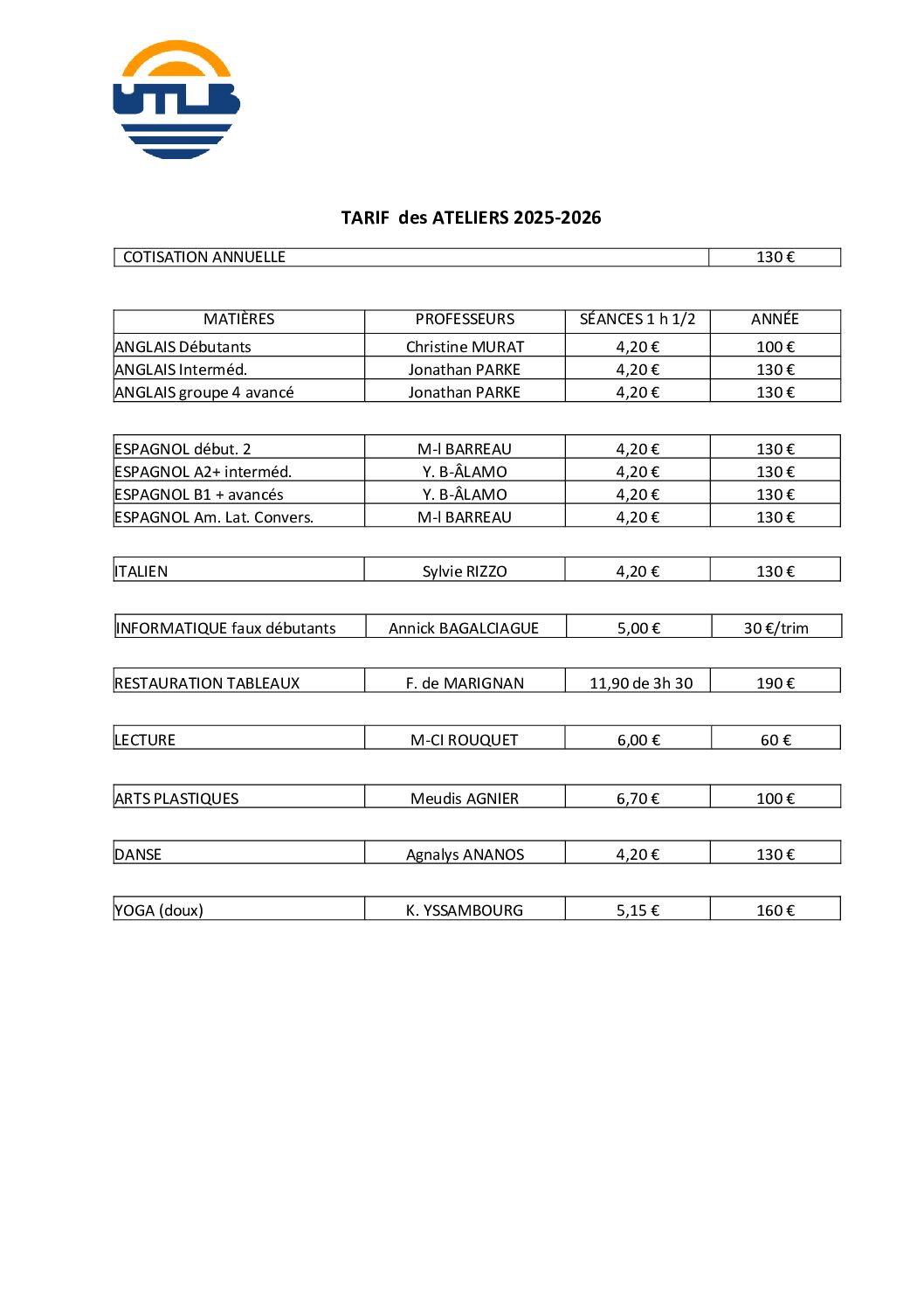 tarif des ateliers 2025 -2026 pour le site utlb